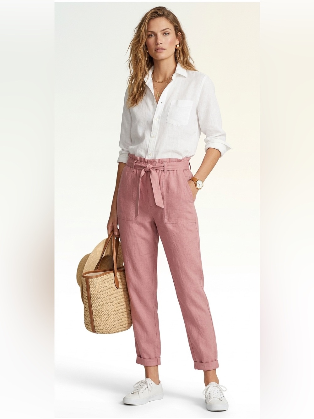 Forever 21 Linen Dusty Pink Highrise Belted Pants Size Medium